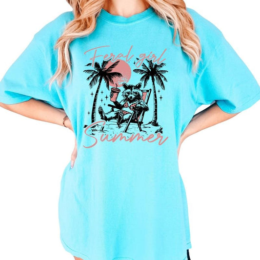 Feral Girl Summer Shirt, Funny Beach Raccoon Shirt Vintage, Retro Raccoon Meme Tee, Summer Vacation Shirt For Girls, Trash Panda Shirt, Summer Vibes Graphic Tee, Unhinged Casual Women's Tops, Comfy Cotton Fabric Oversized Tee, Relaxed Fit Chic Style