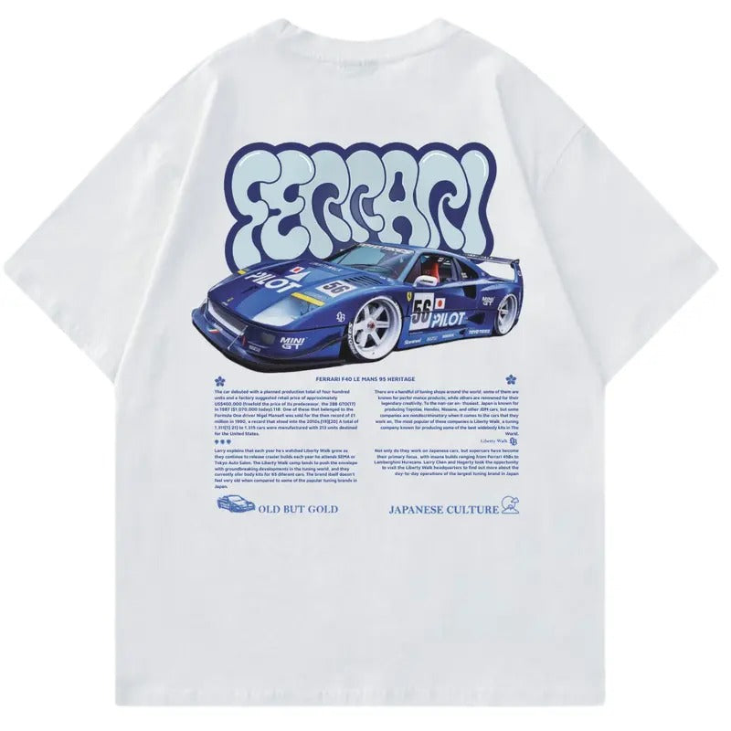 Ferrarii F40 Blue Liberty Walk T-shirt, Car Enthusiast Shirt, Car Clothing, Classic Car Shirt Cotton Menswear
