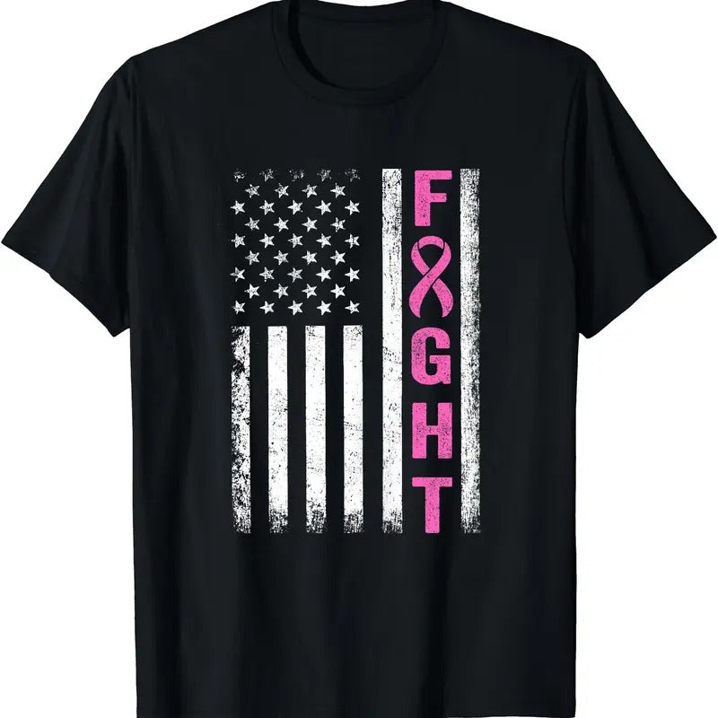 Fight Breast Survivor American Flag Breast Cancer Awareness T-Shirt | Unisex Cotton Tee, Short Sleeve, Size S-5XL