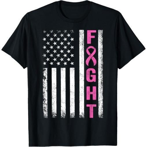Fight Breast Survivor American Flag Breast Cancer Awareness T-Shirt Made in USA
