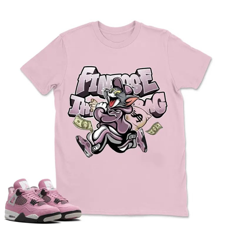 Finesse The Bag Cat Match 4 Orchid Neutral Sneakers Graphic Tee, Y2k Streetwear Unisex Cotton T-shirt