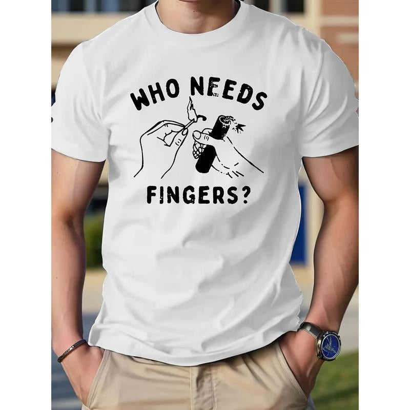 Fireworks "Who Needs Fingers" Pattern Printing Cotton Casual Novel Men's T-shirt, Short-sleeved Summer Shirt, Comfortable Fit, Fashionable Street Wind Round Neck T-shirt, Suitable For Daily And Outdoor. Made in USA