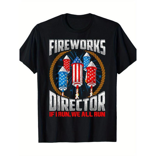 Fireworks Director Graphic T-Shirt, Cotton, Casual Crew Neck Tee, Regular Fit, with Geometric Applique, for Men and Women, Perfect Gift for Dad, Mom, Grandparents, Ideal for Independence Day, Christmas, for All Seasons Made in USA