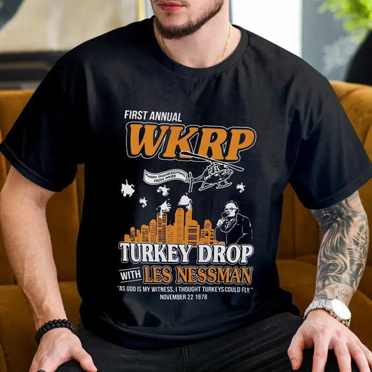 First Annual Wkrp Turkey Drop Les Nessman Shirt, Funny Thanksgiving Movie Shirt, Turkey Meme, Unisex Short Sleeve Tee
