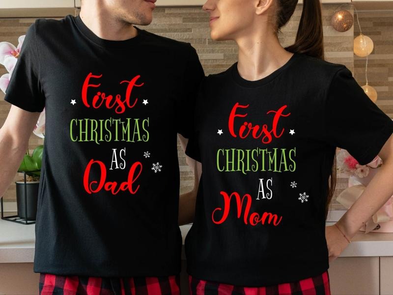 First Christmas As Dad Shirt, 1st Christmas As Mom T-Shirt, Matching Xmas Baby Announcement Tees, New Parents X-mas Party Gift Tee, Family Holiday Shirt.
