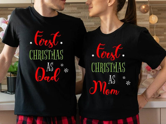 First Christmas As Dad Shirt, 1st Christmas As Mom T-Shirt, Matching Xmas Baby Announcement Tees, New Parents X-mas Party Gift Tee, Family Holiday Shirt.