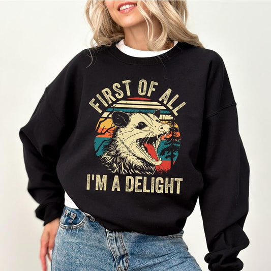 First Of All I'm A Delight Vintage Sweatshirt, Funny Opossum Retro Sweater, Funny Women Apparel, I'm A Delight Crewneck, Sarcastic Women Long Sleeve Pullover, Funny Angry Opossum Shirt, OOTD, Women's Top, Womenswear, Soft Cozy Fabric Sweatshirt
