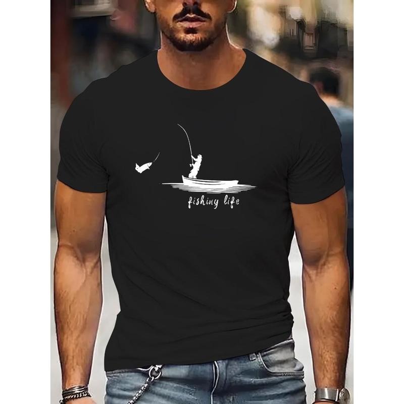 Fishing Life Graphic T-Shirt for Men -Crew Neck Tee with Short Sleeves - Casual Knit Fabric Top for Summer - Regular Fit with Slight Stretch - Adult Regular Sleeve Length Made in USA