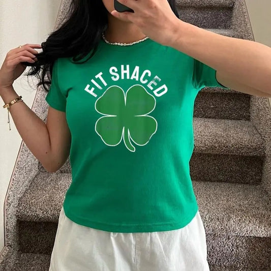 Fit Shaced Funny Irish Drinking St Patrick's DAY Shamrock Baby Tee, Y2K 2000's Style, Streetwear Style