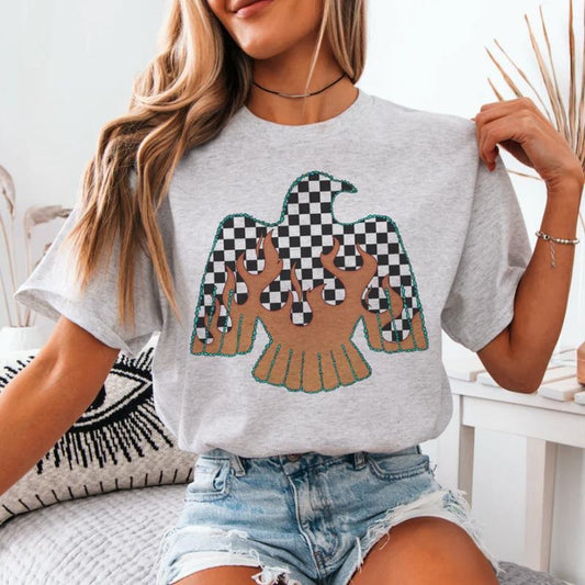 Flaming Checkered Bird shirt, vintage crewneck sweatshirts, western outfit women, cowgirl outfits, western clothing stuff tops, country concert outfits, western style clothes