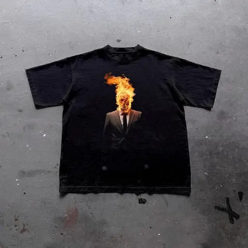 Flaming Mummy Graphic Print Cotton T-Shirt, grunge y2k emo scene tapout goth amity affliction style clothes, Unisex T-shirt