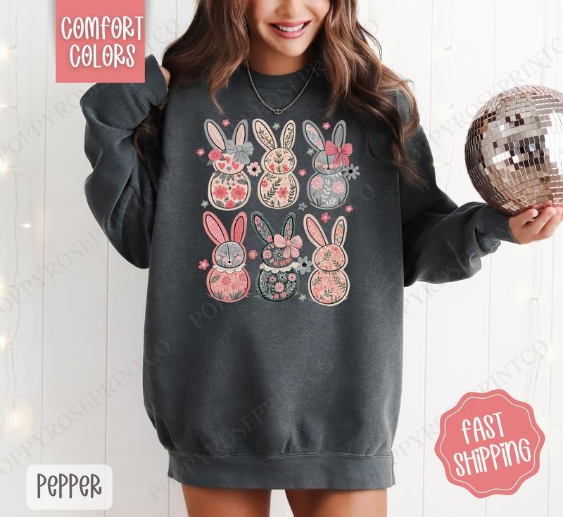 Floral Bunnies Comfort Colors Sweatshirt, Easter Women's Crewneck, Cute Women's Sweater