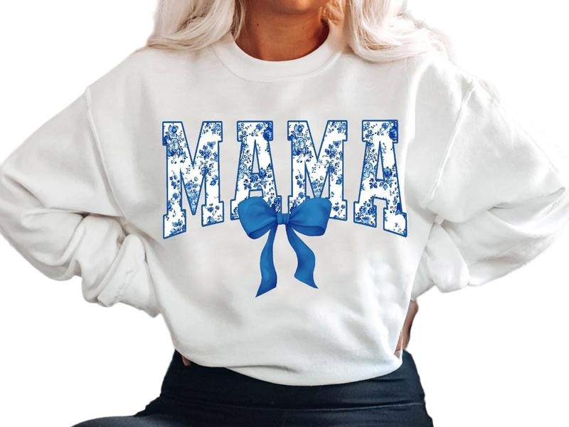 Floral Coquette Bow Mama Sweatshirt, Blue Bow Mothers Day Gift, Flower Lettering Mom Hoodie, Retro New Mom Gift, Unisex Crewneck Pullover Tee, Crewneck Top