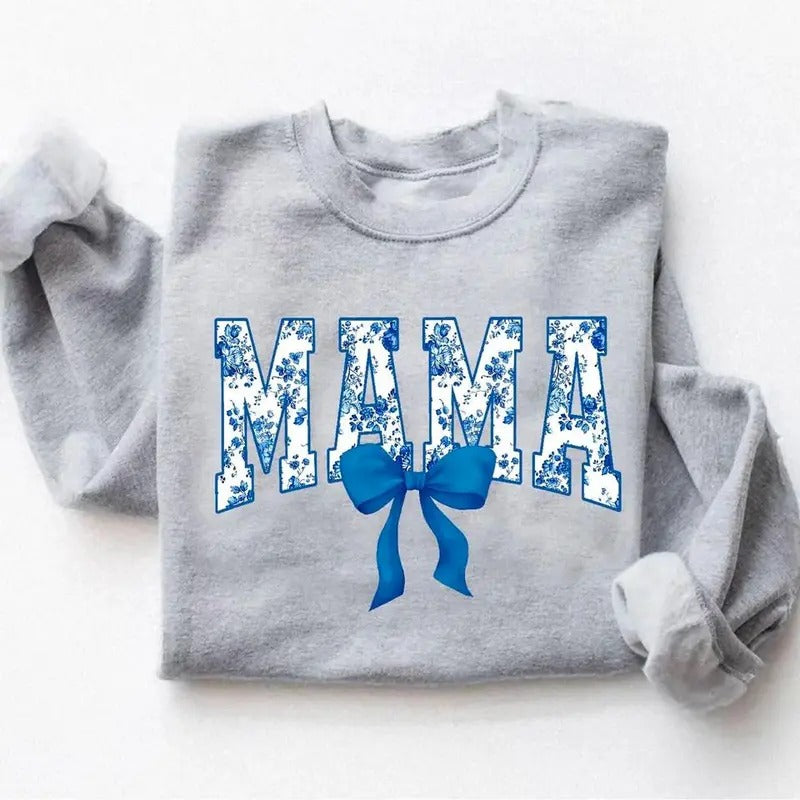 Floral Coquette Bow Mama Sweatshirt, Blue Bow Mothers Day Shirt, Flower Lettering Mom Sweater, Retro New Mom Shirt, Christmas Flower Mama Crewneck