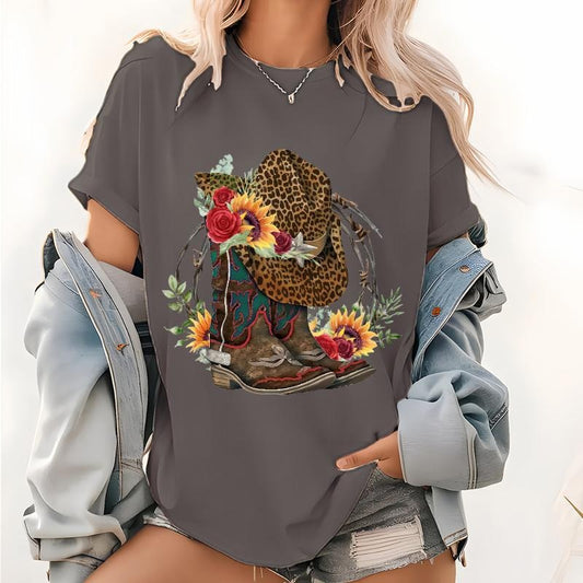 Floral Cowboy Boots Print T Shirt, Cowboy Western Graphic Tops, Cowgirl Leopard Flower Boots Pattern Tee