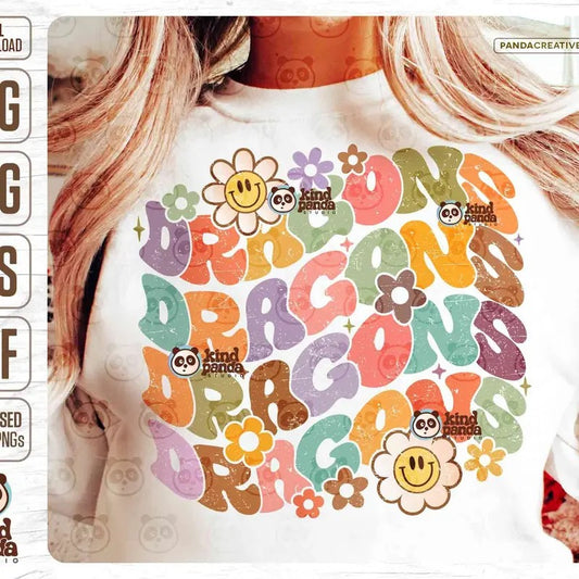 Floral Dragons Svg Png Retro Game Day Sublimation Groovy College Mascot Shirt Design Distressed Mama Girls Sports Mascot Dtf Dtg Transfer