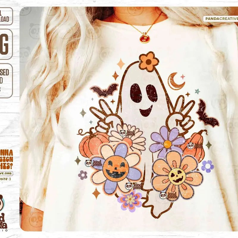 Floral Ghost Png Funny Halloween Sublimation Groovy Flowers Cute Ghost Smile Face Pumpkin Fall Png Retro Halloween Shirt Png Download