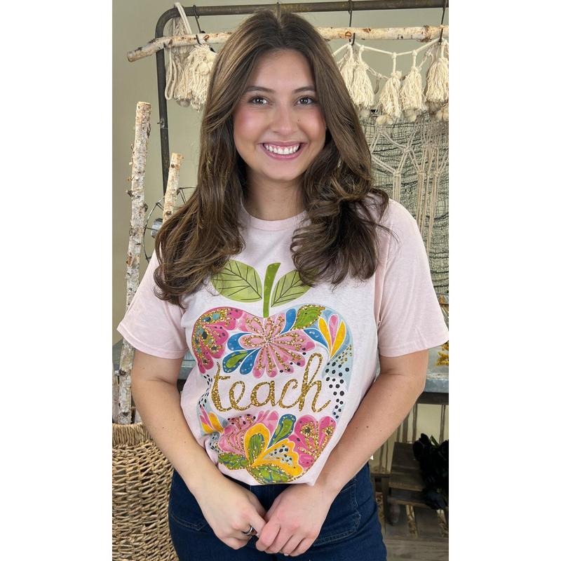 Floral Glitter Apple Teacher Graphic Shirt