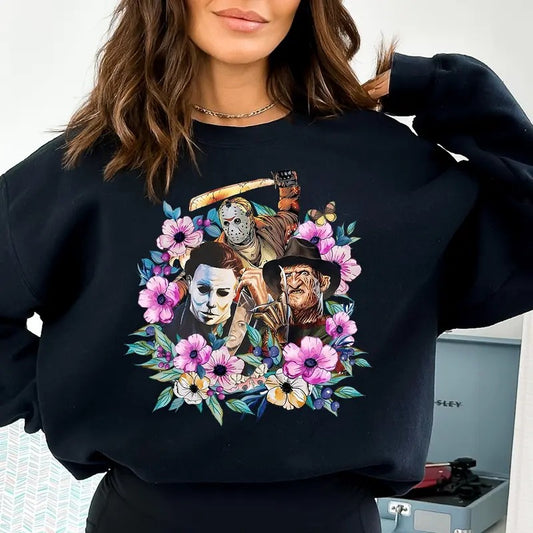 Floral Horror Movie Crewneck Sweatshirt - Casual Sweater with Graphic Design Featuring Horror Movie Themes, Long Sleeve, Halloween Top