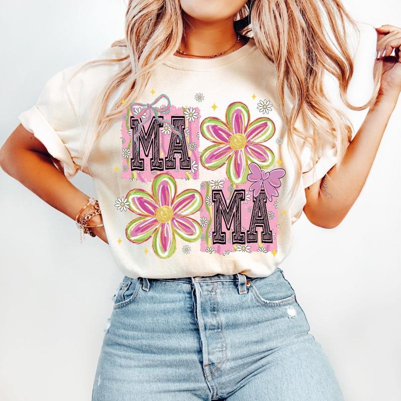 Floral Mama Coquette T-Shirt, Retro Mama T-Shirt, Groovy Mama T-Shirt, Mothers Day T-Shirt, Spring Floral T-Shirt, Pink Mama T-Shirt, Preppy Mama, Mama Doodle T-Shirt