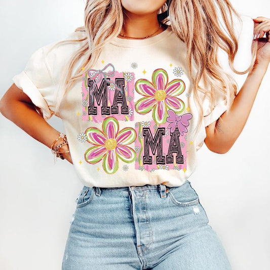 Floral Mama Coquette T-Shirt, Retro Mama T-Shirt, Groovy Mama T-Shirt, Mothers Day T-Shirt, Spring Floral T-Shirt, Pink Mama T-Shirt, Preppy Mama, Mama Doodle T-Shirt