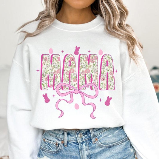 Floral Mama Easter Coquette , Happy Easter , Pink Floral Chinoiserie , Pink Toile Easter Rabbit , Mama Varsity , Girls Easter Sweatshirt
