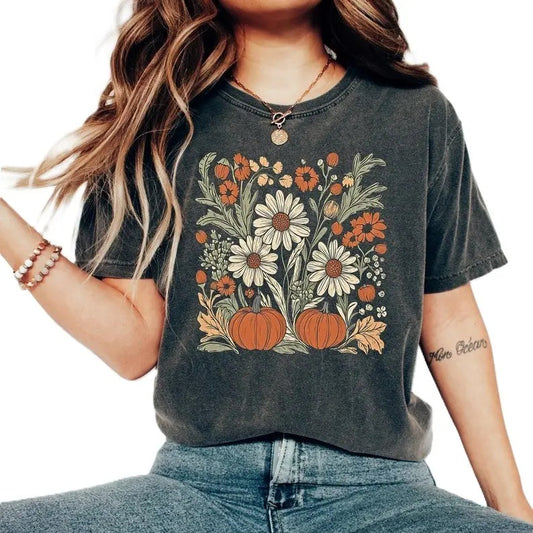 Floral Pumpkin Fall T-Shirt, Flower Pumpkin T-Shirt, Aesthetic Fall Graphic Tees, Pumpkin Patch T-Shirt, Boho Pumpkin  Fall Tees
