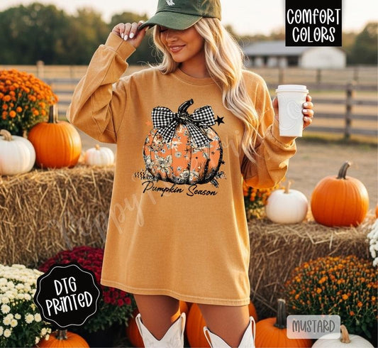 Floral Pumpkin Season Comfort Colors Long Sleeve T-Shirt, Cute Women's Fall Tee
