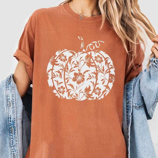 Floral Pumpkin Shirt, Halloween Shirt, Halloween Pumpkin Shirt, Fall Comfort Tee, Fall Shirt for Woman, Pumpkin Shirt, Autumn Shirt, Pumkin Floral Shirt, Fall Women Top