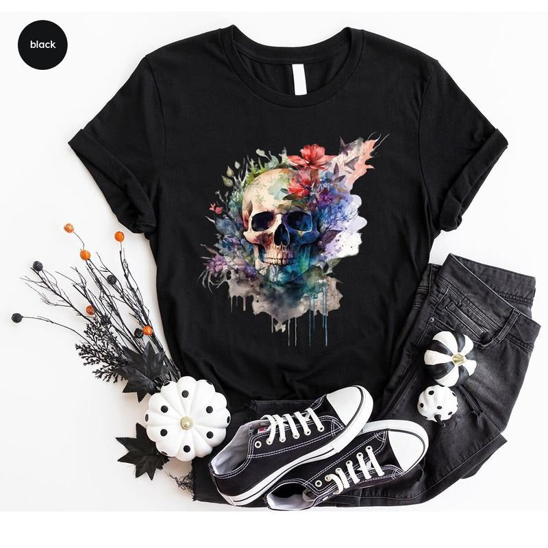 Floral Skull T-Shirt, Boho Outfit, Wild Flowers Shirt, Womens Vneck TShirt, Graphic Tees for Women, Gift for Her, Spring Clothing
