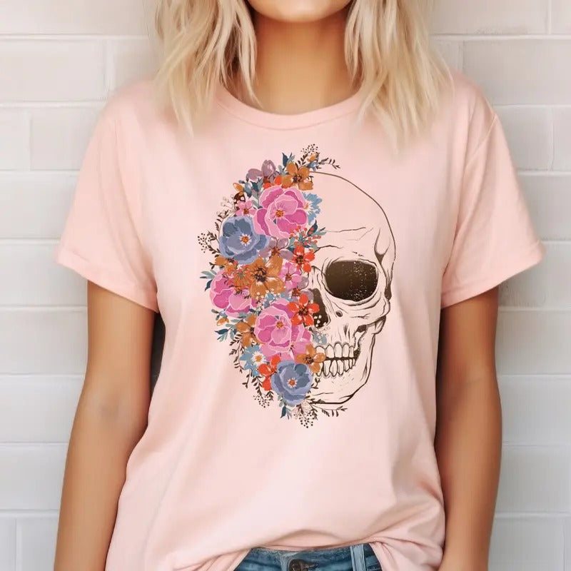Floral Skull Tee Pink and Blue Flora Skull Tshirt Flower Skull T-Shirt Womens Skull Top Floral Half Skull Tee Floral Skull Top Casual Crewneck Shortsleeve Skull Tee Comfortable Womenswear