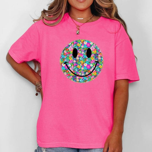 Floral Smiley Face, Retro, Summer, Flowers, Comfort Colors T-Shirt, Women's Comfort Colors Tee