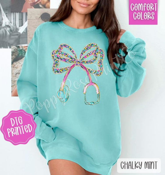 Floral Stethoscope Bow Comfort Colors Sweatshirt, Cute Nurse Sweater, Women's Crewneck, Gift for Her