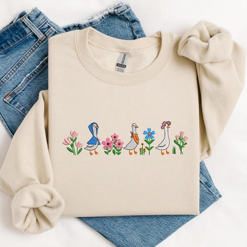 Floral Sweatshirt Embroidered Funny Goose Shirt, Embroidered Goose and Mini Floral Sweatshirt, Funny Cozy Crewneck, Gift For Her