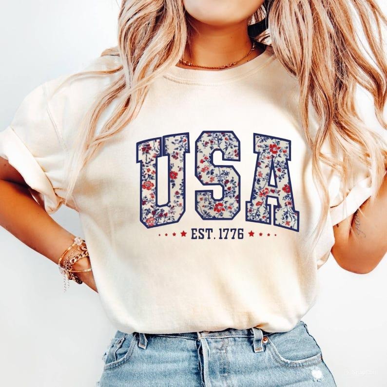 Floral USA Shirt, American Girl Sweatshirt, USA Est 1776 Shirts, Girly 4th of July Tee, Patriotic Women, Independence Day, For Men, For Women