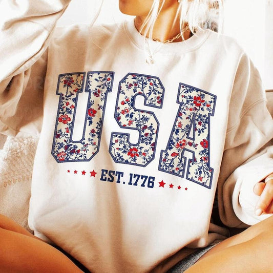 Floral USA Shirt, Retro America, 4th Of July Shirt, 4th Of July Sublimation Design, America Coquette Tee, Patriotic, Girly