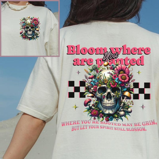 Floral skull y2k aesthetic tshirt, Botanical dark academia front and back tattoo print retro tee, Cottagecore whimsigoth mushroom teeshirt