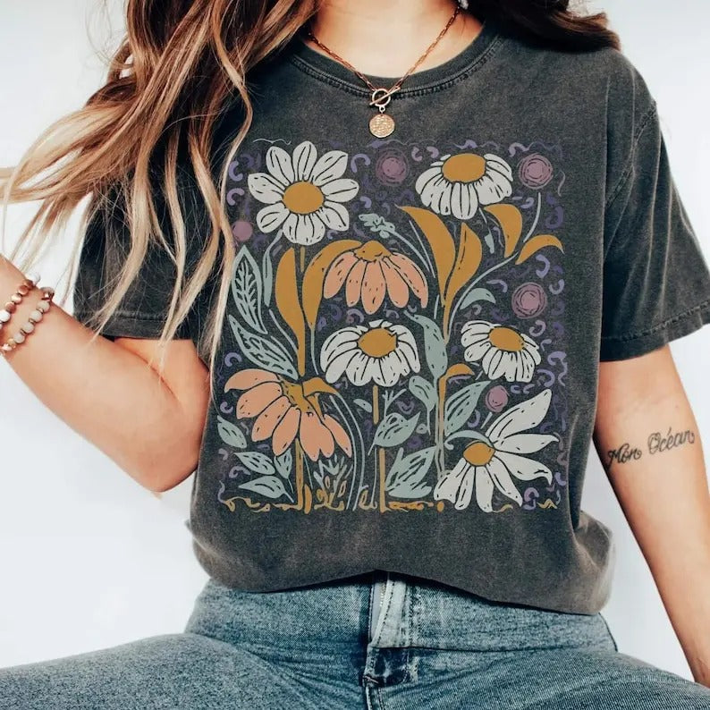Flower Boho Vintage Inspired Art Deco Nouveau Wildflowers Tshirt Hippie Botanical Graphic Tee Casual Cotton Crewneck Shortsleeve