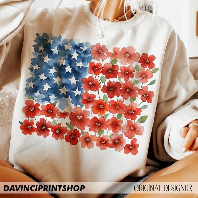 Flower Brushstroke America Flag Png, American Flag Floral Png, 4th July Png Design, Jesus Christian Png, USA Flag, Patriotic Png, Girly png