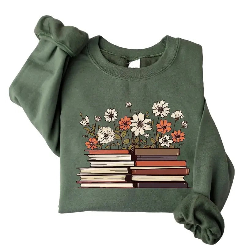 Flowers Book Sweatshirt, Bookworm Shirt, Bookish Sweatshirt, Book Club Shirt, Book Lover Shirt, Reader Gifts, Gift for her Overall Retro Casual Cotton