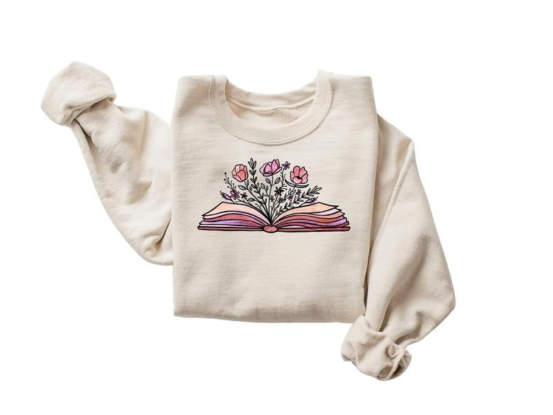 Flowers Book Sweatshirt, Bookworm Sweatshirt, Bookish Sweatshirt, Reading Shirt, Gift For Book Lover, Book Club Sweatshirt, Unisex Sweatshirt, Gifts For Bestie Sister, Long Sleeve Crewneck Shirt, Women Gifts Sweater, Gifts For Birthday Mothers Day