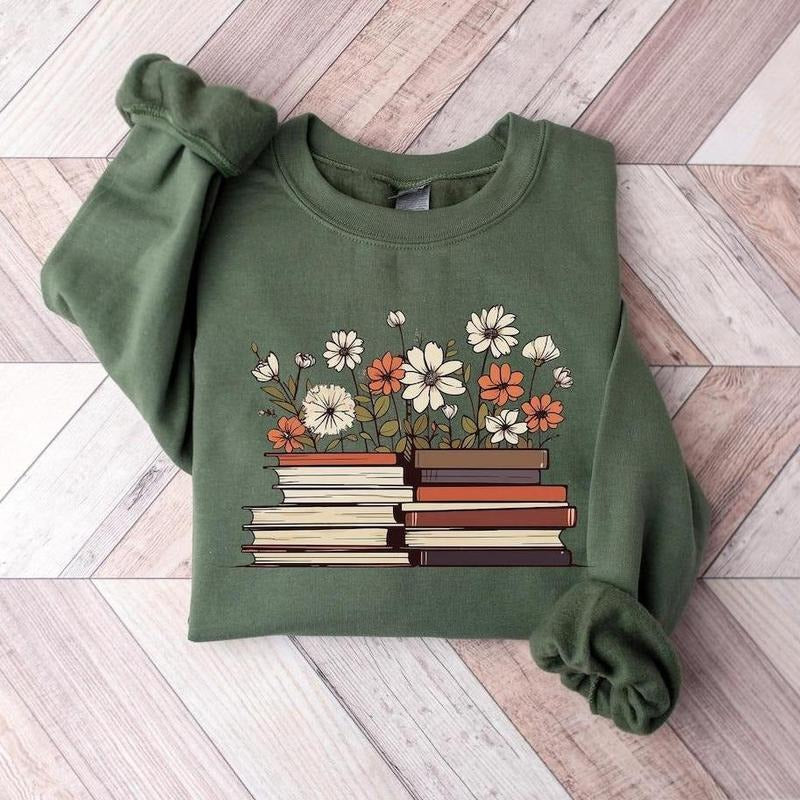Flowers Books Sweatshirt, Bookworm Sweatshirt, Bookish Sweatshirt, Book Club Sweatshirt, Book Crewneck Sweater, Book Lover Gift
