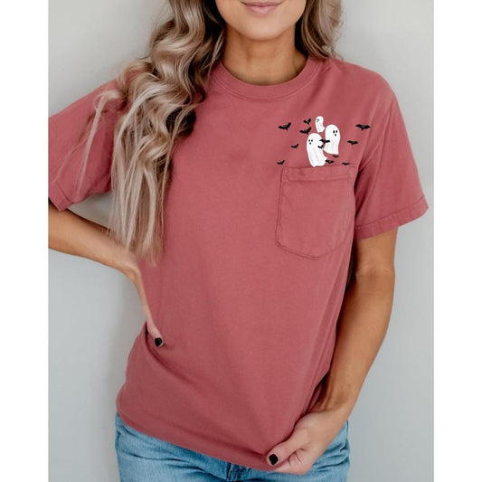 Flying Ghosts and Bats Halloween Costume Pocket Tee, Women's Comfort Color Tee, Tshirt