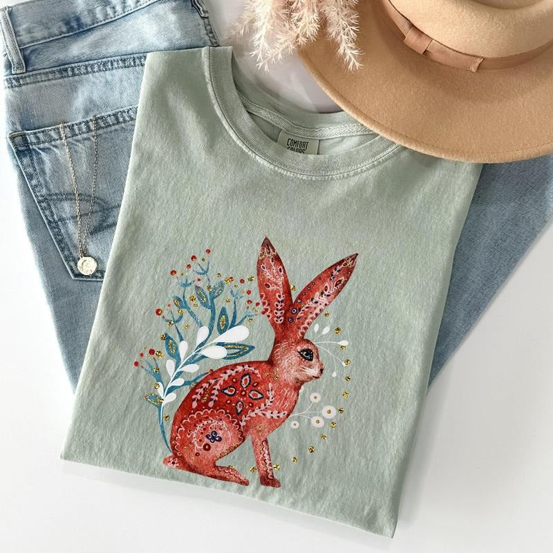Folk Art Rabbit, Easter, Scandinavian Comfort Colors Tshirt, Women's Crew Neck, Crewneck
