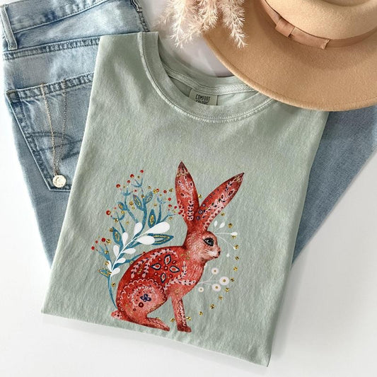 Folk Art Rabbit, Easter, Scandinavian Comfort Colors Tshirt, Women's Crew Neck, Crewneck
