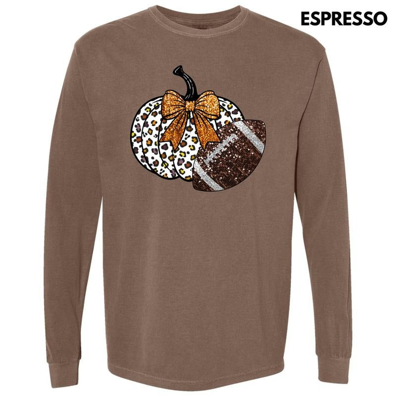 Football & Pumpkin FAKE Glitter Long Sleeve Comfort Colors T-Shirt 'NLB'