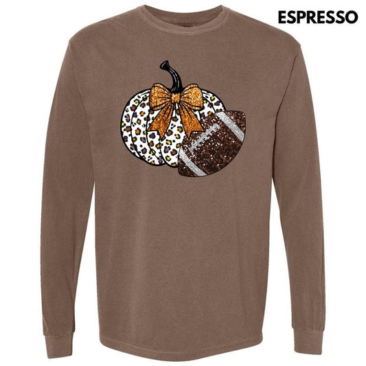 Football & Pumpkin FAKE Glitter Long Sleeve Comfort Colors T-Shirt 'NLB'