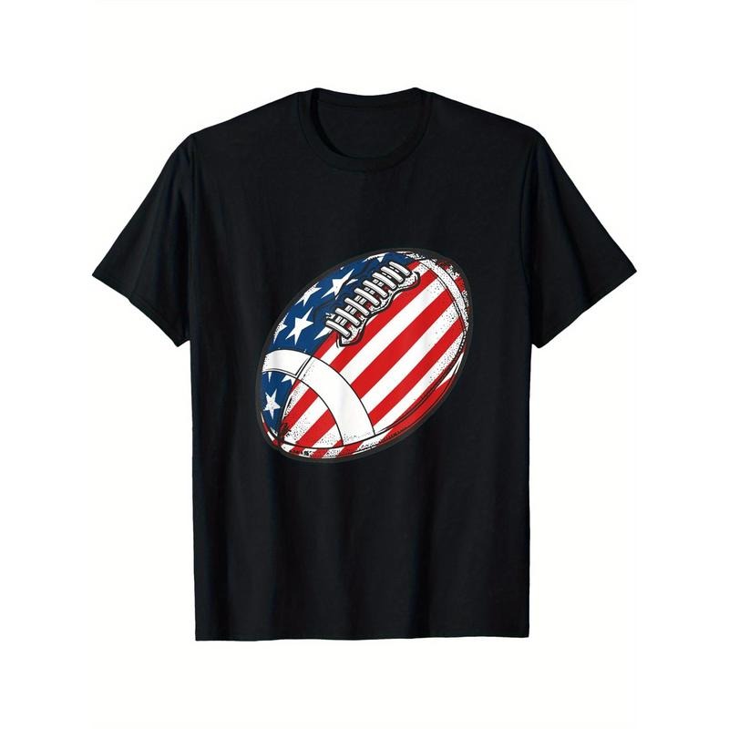 Football Ball American Flag American Great Gift Creative T-Shirt Crew Neck, Refreshing, Printed, 180g made in usa