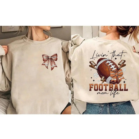 Football Bow Sweatshirt, Livin That Football Mom Life Sweatshirt , Christmas sublimation, Trending, Retro Holidays,Girly Christmas