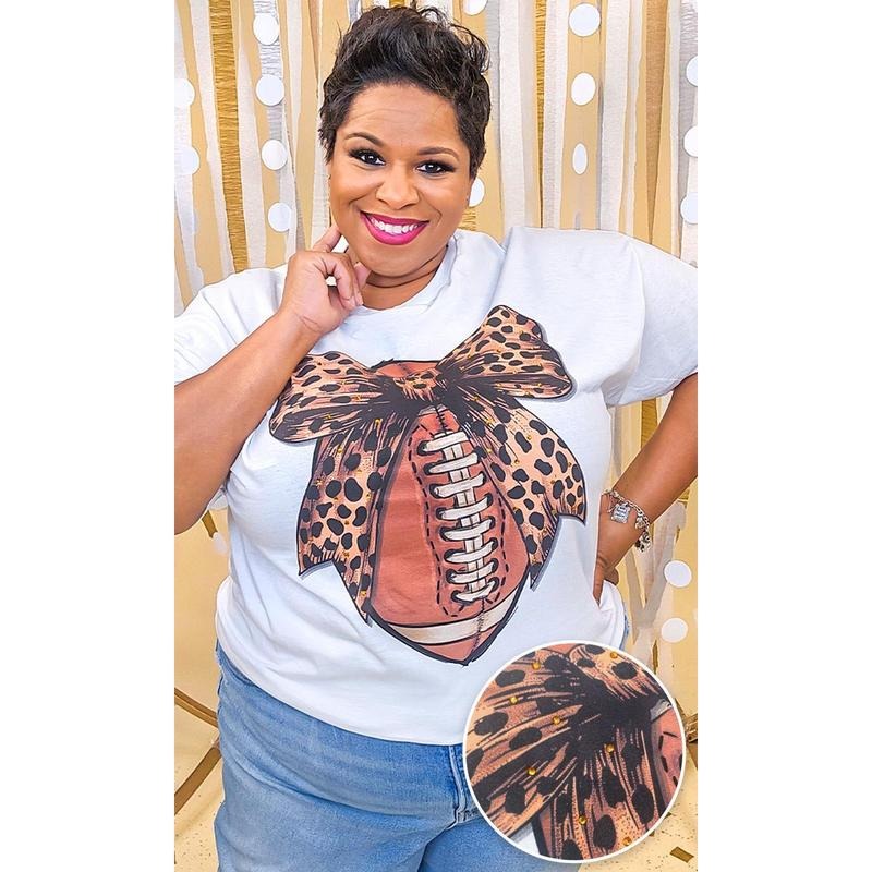 Football Cheetah Bow Rhinestone Graphic Shirt